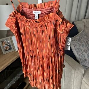 NINE WEST M RUST ORANGE BLACK IKAT LEOPARD PLEAT SMOCKED RUFFLE TANK TOP NWT